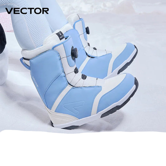 Blue and white snowboard boots  on a snowy background