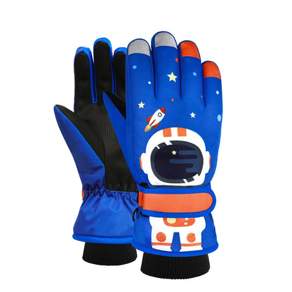 Blue children's gloves with astronaut design on a white background