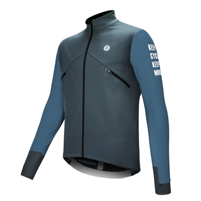 Blue cycling jacket with text on sleeves on a white background