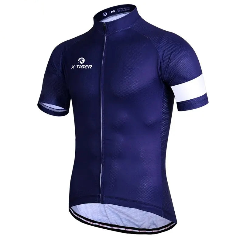Blue cycling jersey with white accents on a white background.