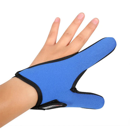 Blue glove with black trim on a hand against a white background