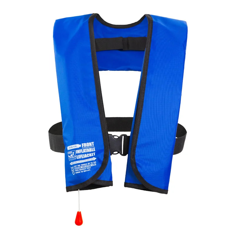 Blue inflatable life jacket with black straps on a white background