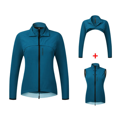 Blue jacket, blue cropped jacket, and blue vest on a white background