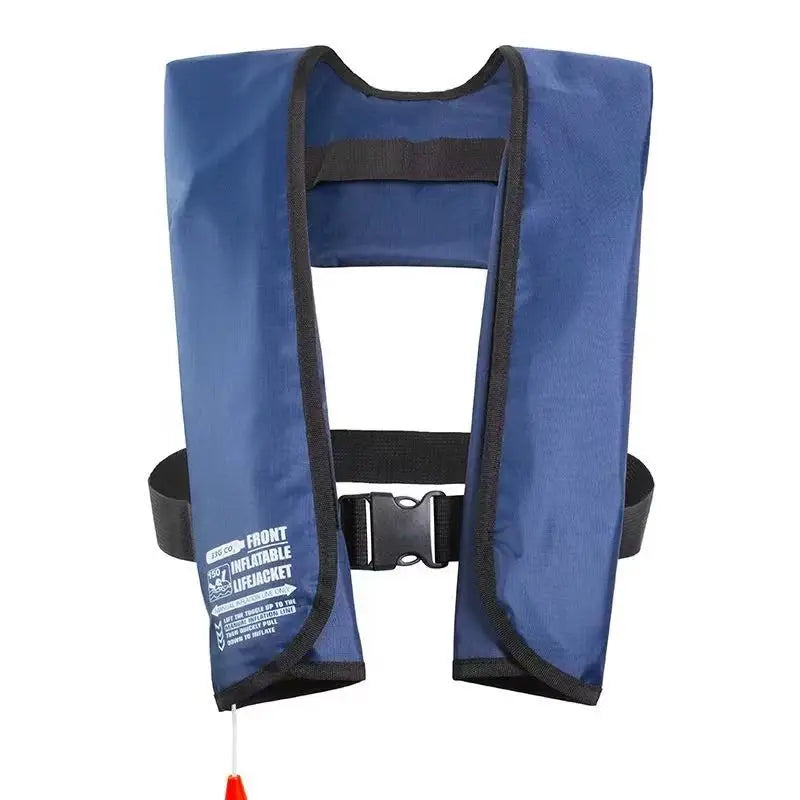 Blue inflatable life jacket with black straps on a white background