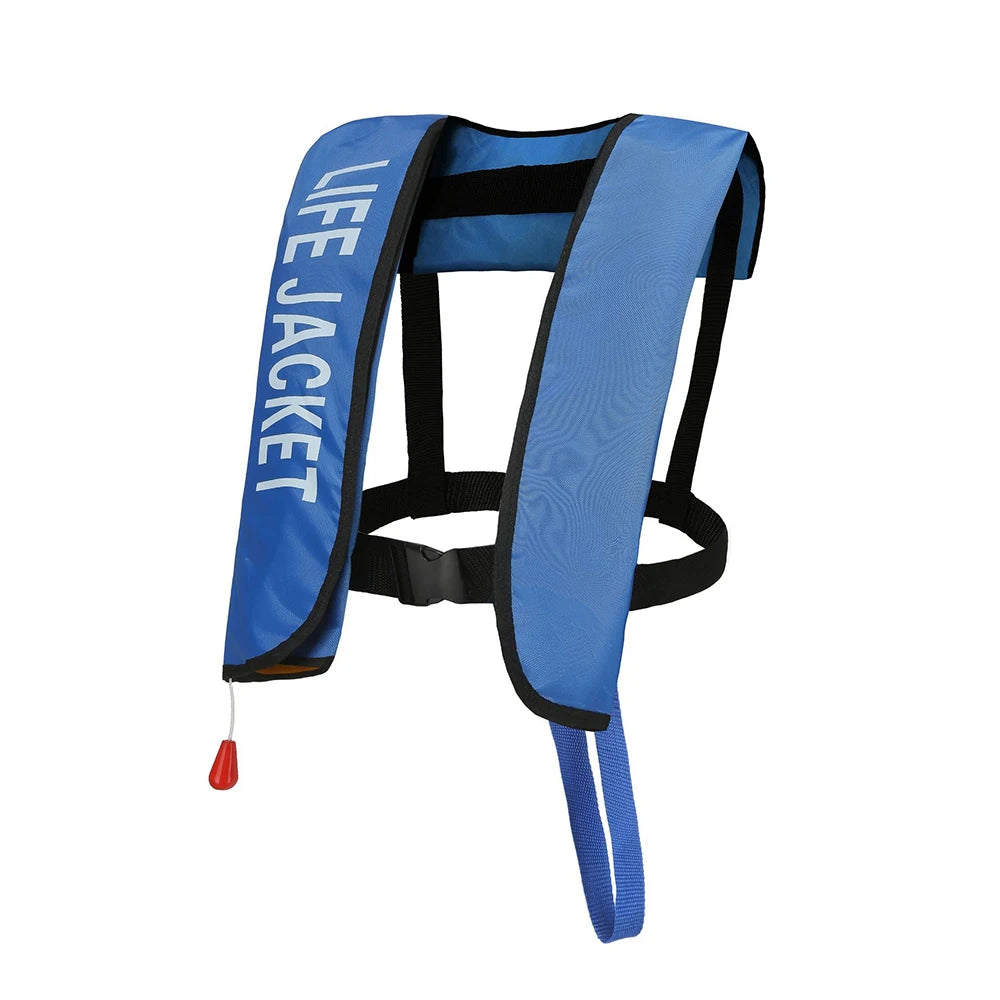 Blue life jacket with 'LIFE JACKET' text on a white background