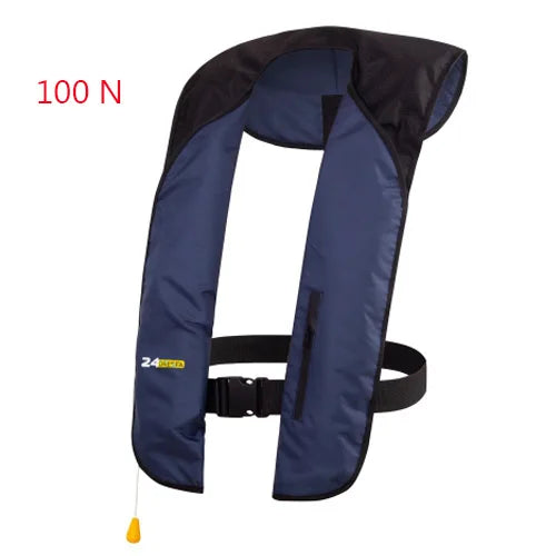 Blue life jacket with black hood and yellow label on a white background