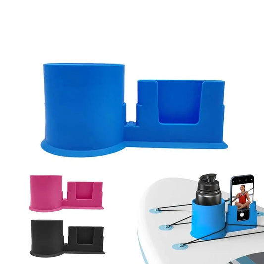 Blue paddle board cup holder with additional pink and black holders on a white background.