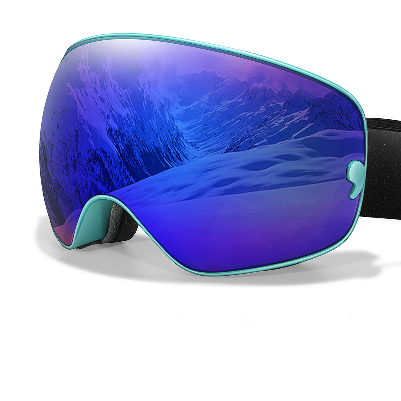 Blue ski goggles with additional lenses on a white background