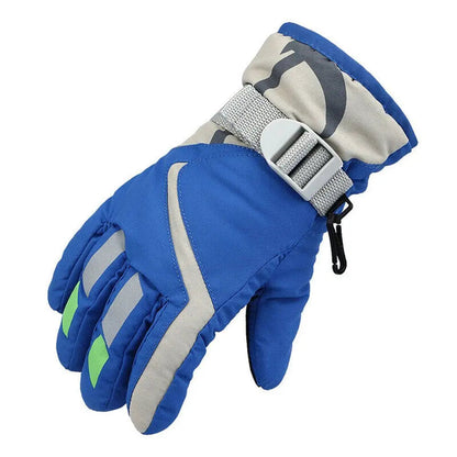 Blue winter glove with gray and green accents on a white background