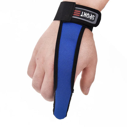 Blue wrist support strap with a brand label on a white background