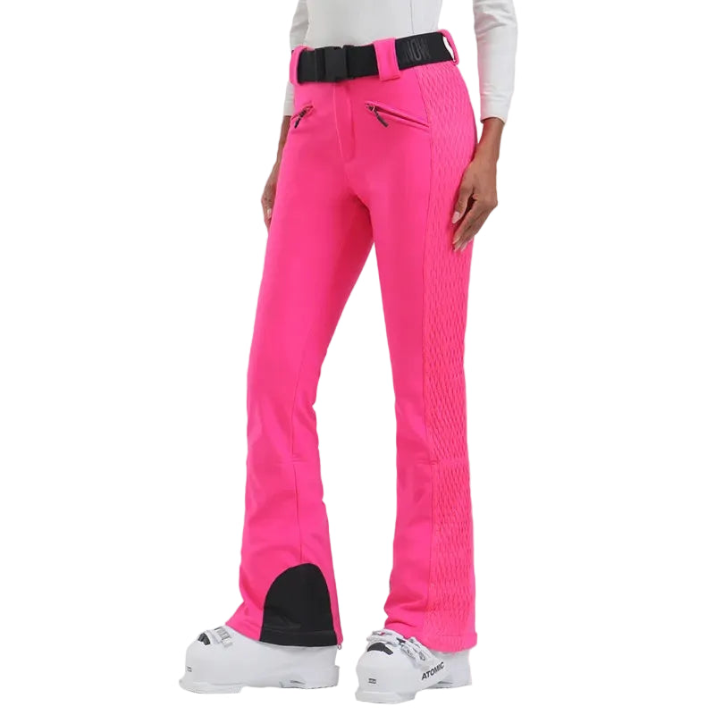 Bright pink pants with a black belt on a white background
