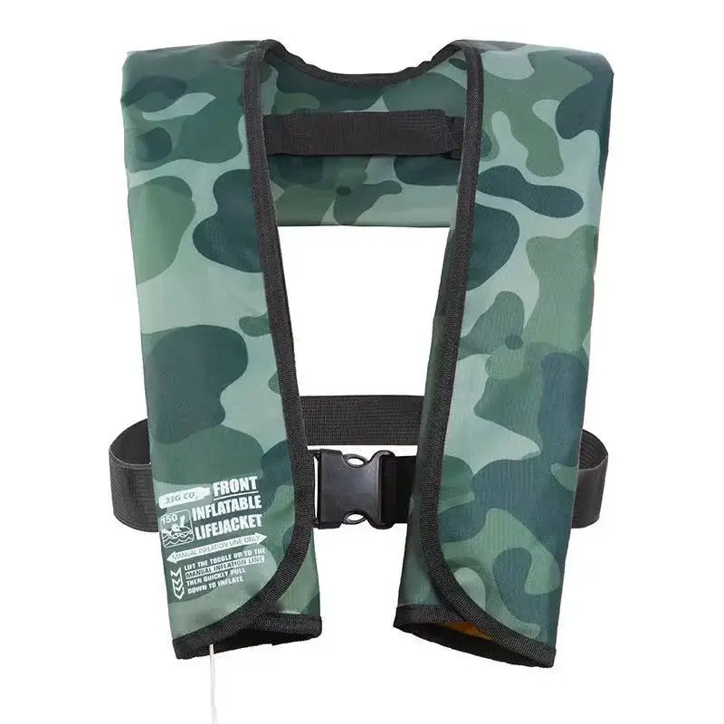 Camouflage-patterned inflatable life jacket on a white background
