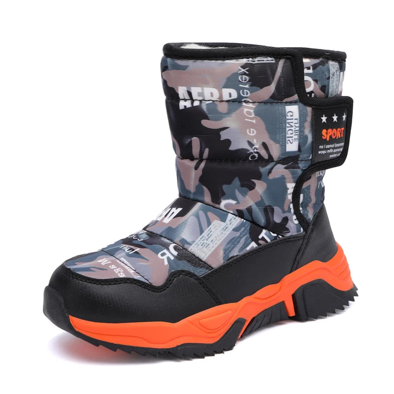 Camouflage-patterned snow boot with orange sole on a white background