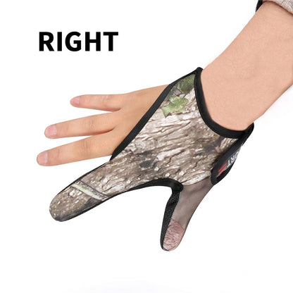 Camouflage glove on a person's hand with 'RIGHT' text above.