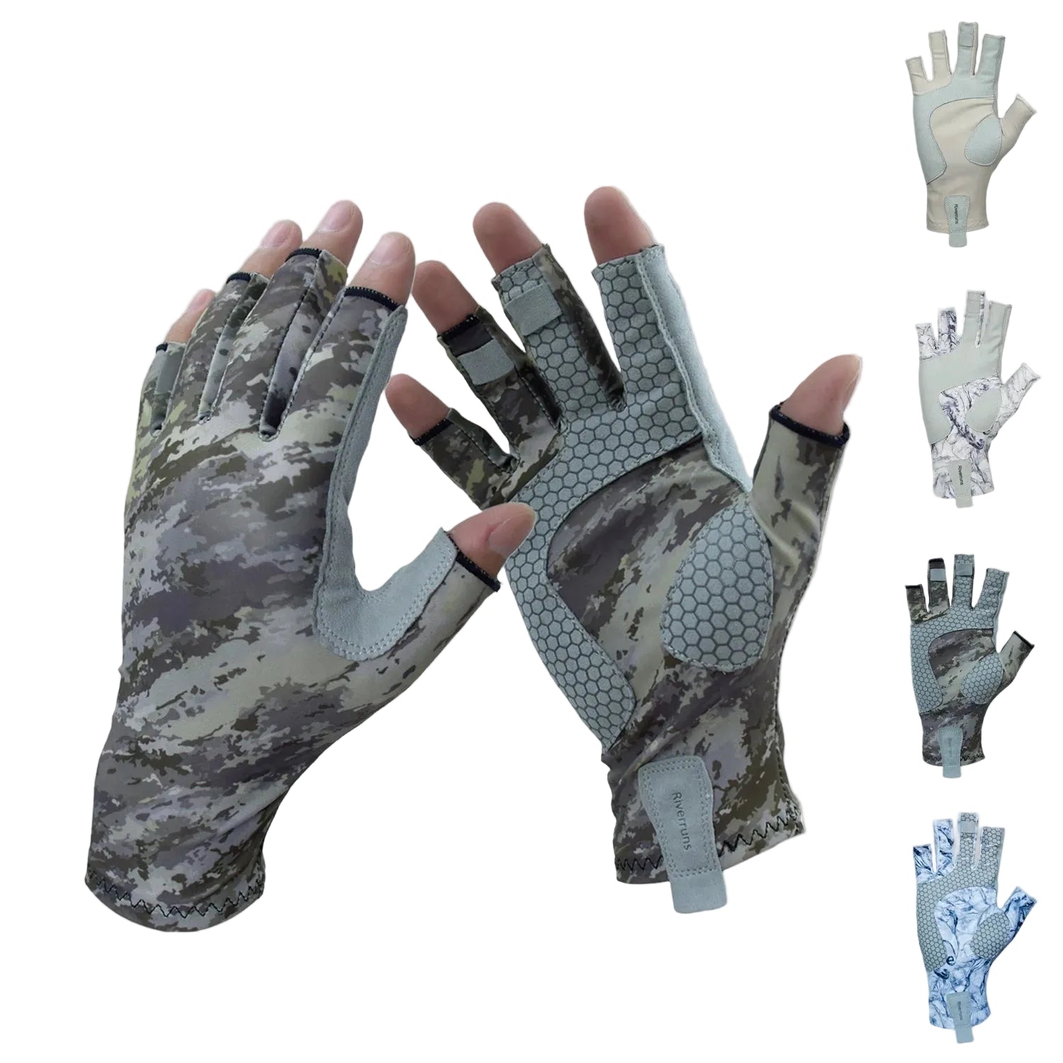 Camouflage gloves with UPF 50+ label on a white background