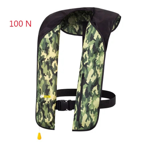 Camouflage life jacket with a 100 N label on a white background