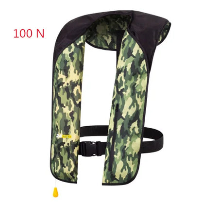 Camouflage life jacket with a 100 N label on a white background