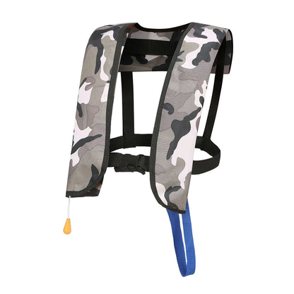 Camouflage life vest with blue straps on a white background