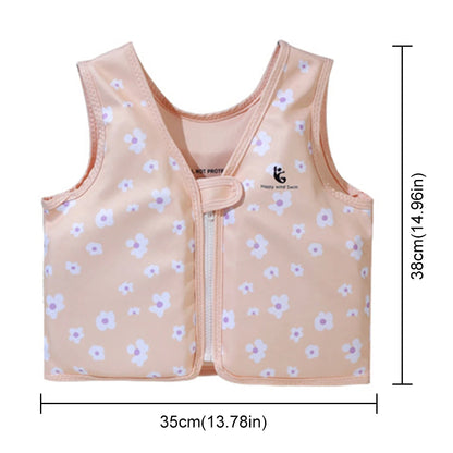 Children's floral-patterned vest with measurements on a white background