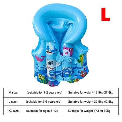 Children's inflatable life jacket with cartoon designs on a white background