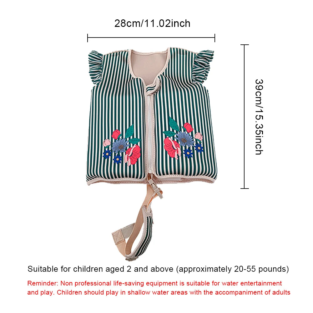 Children's life jacket with floral design and measurements on a white background