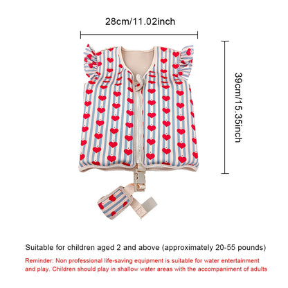 Children's life jacket with heart pattern and measurements on a white background