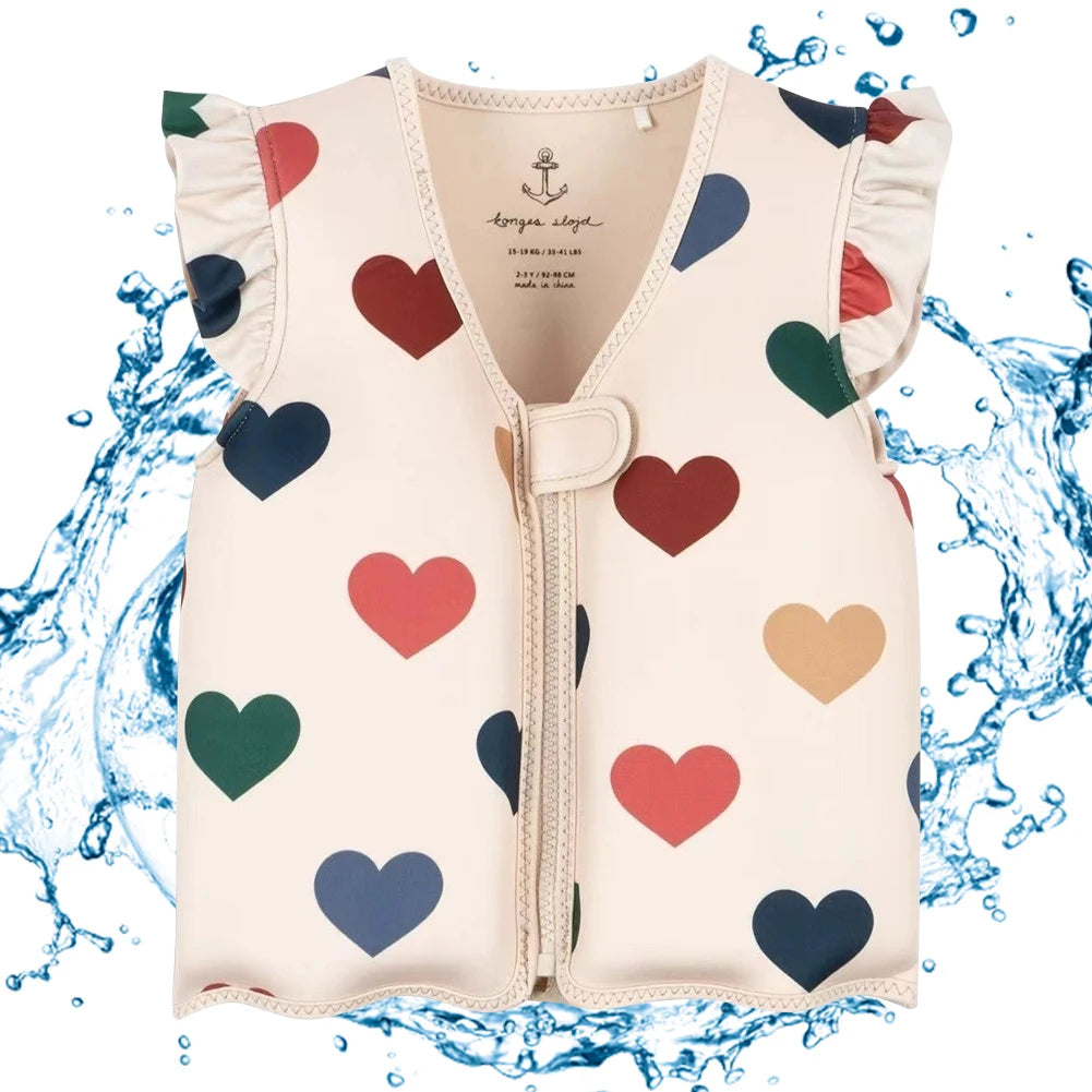 Children's life jacket with heart patterns on a water splash background