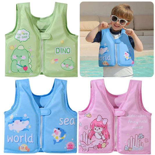 Children's life vests in green, blue, and pink with cartoon designs on a white background.