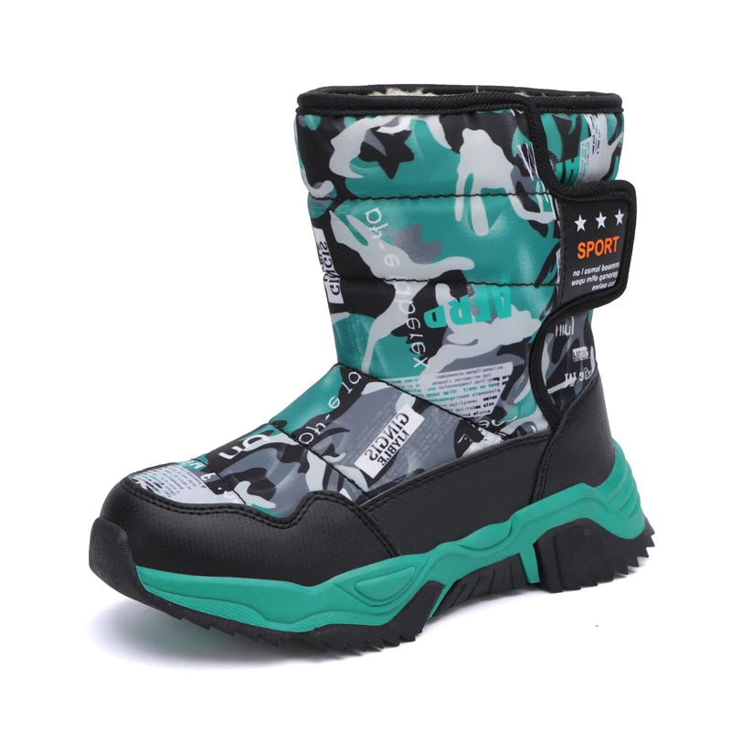 Children's snow boot with camouflage pattern and teal accents on a white background