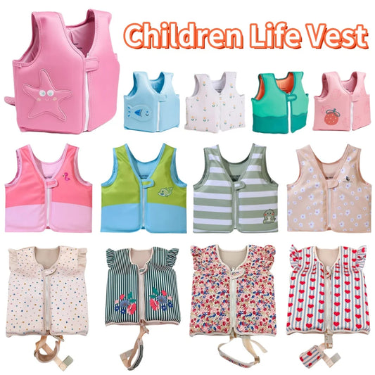 Collection of colorful children's life vests on a white background.