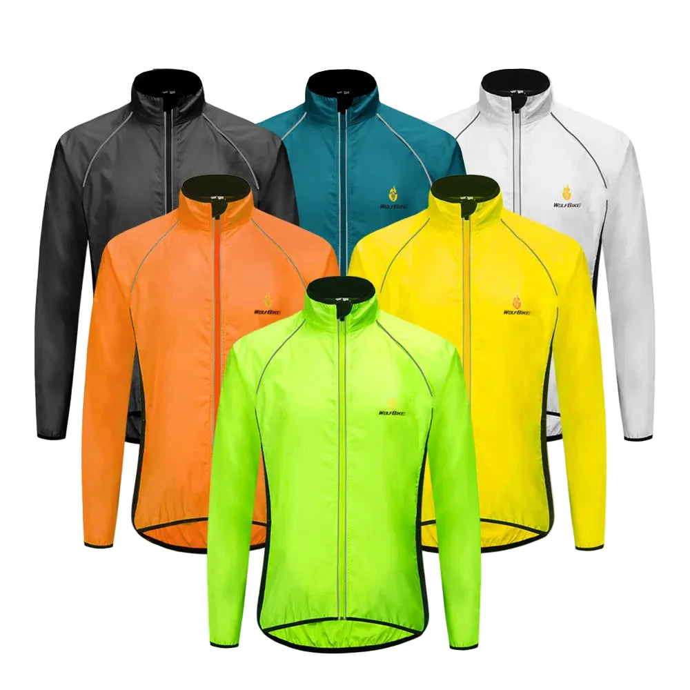 Collection of colorful cycling jackets on a white background