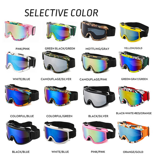 Collection of colorful goggles with various color combinations on a white background.