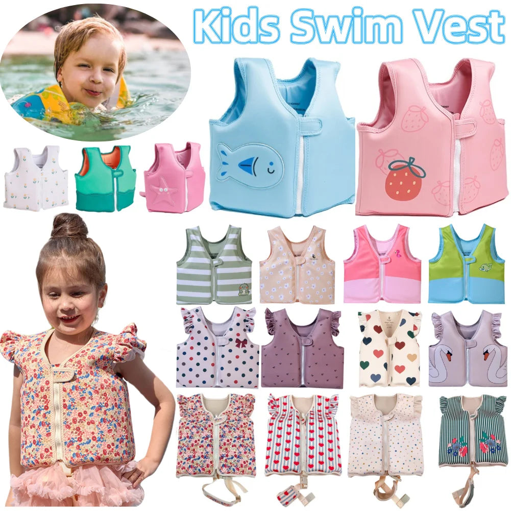 Collection of colorful kids swim vests with a girl wearing a floral dress, inset photo of a child in water.