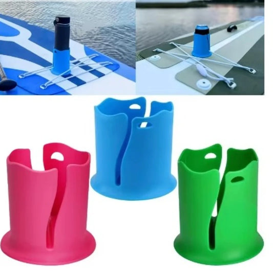 Colorful cup holders on an inflatable boat with water background