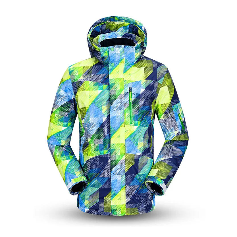 Colorful geometric-patterned jacket on a white background