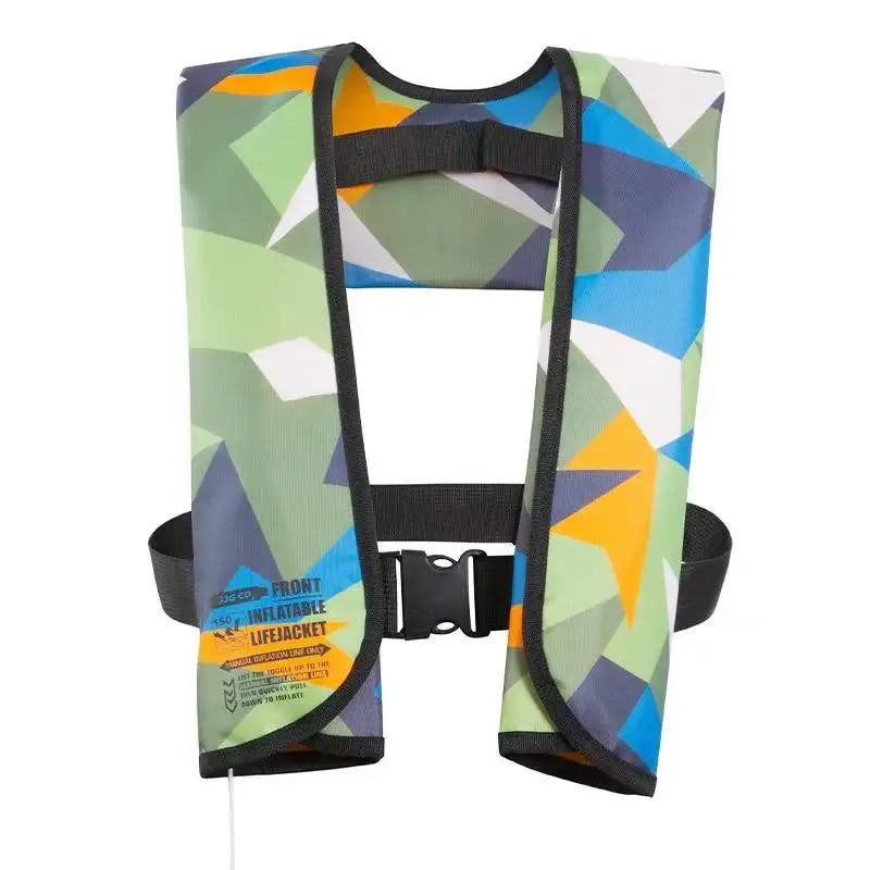 Colorful inflatable life jacket with geometric pattern on a white background