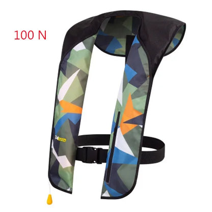 Colorful life jacket with geometric pattern on a white background