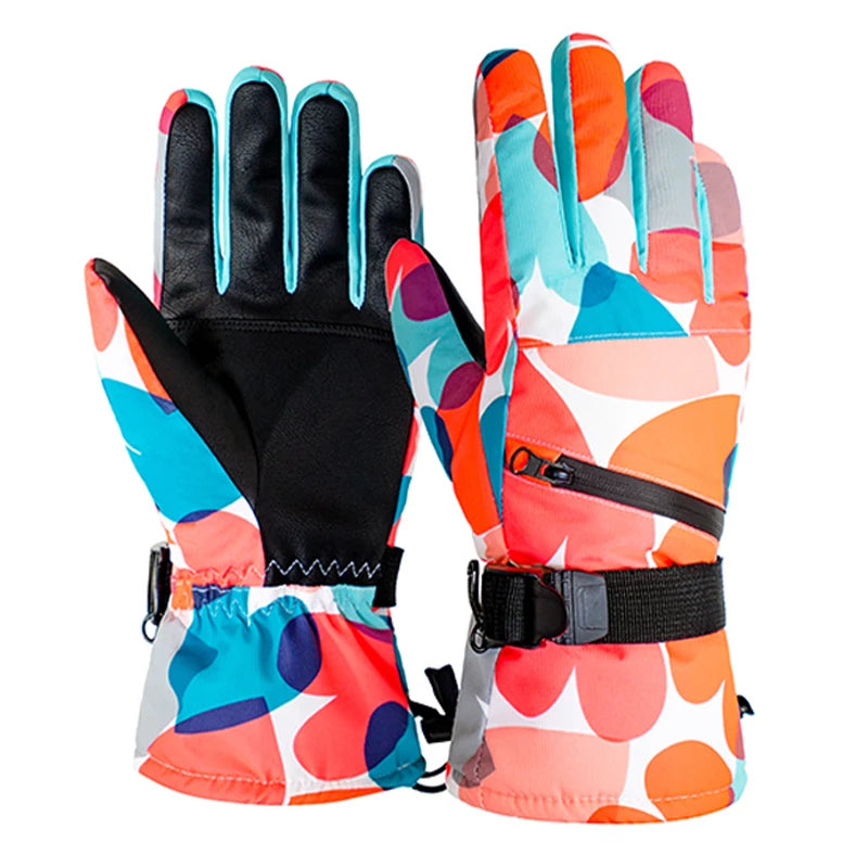 Colorful patterned gloves with black accents on a white background