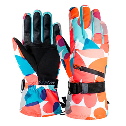Colorful patterned gloves with black accents on a white background