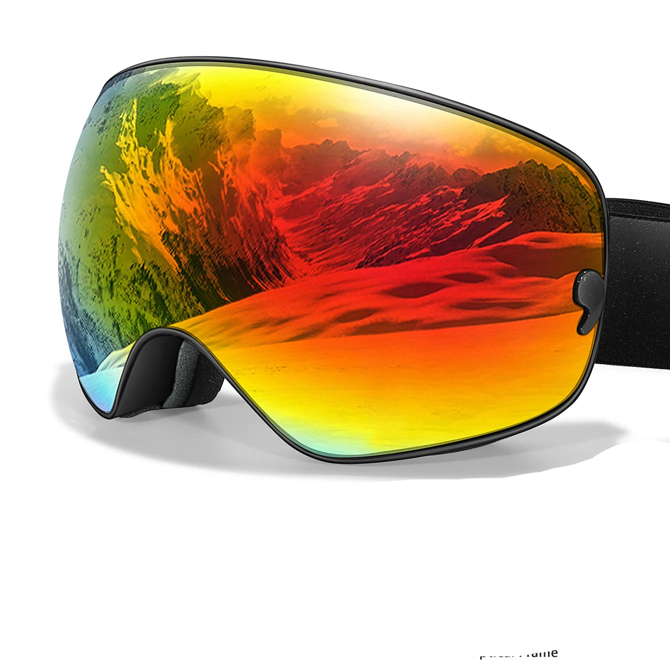 Colorful ski goggles with a mountain reflection on a white background
