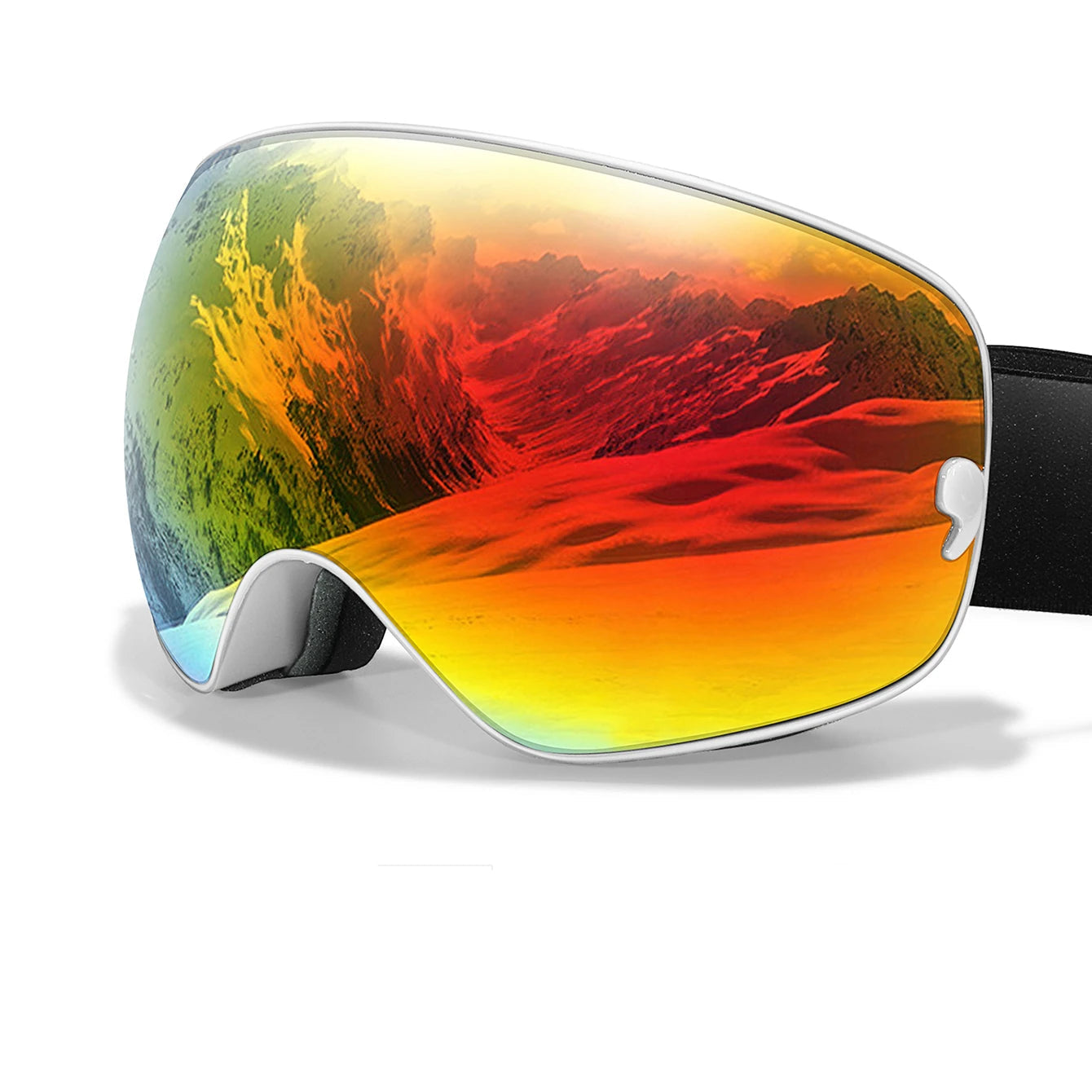 Colorful ski goggles with additional lenses and frame on a white background