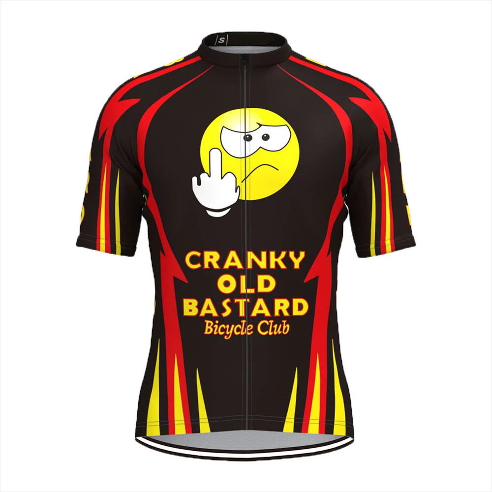Cycling jersey with a graphic design and text on a white background