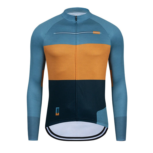 Cycling jersey with blue, orange, and black design on a white background