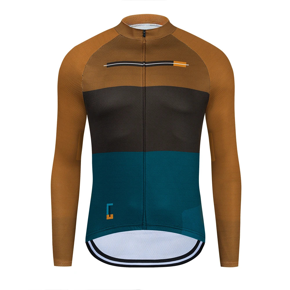 Cycling jersey with brown, black, and teal design on a white background