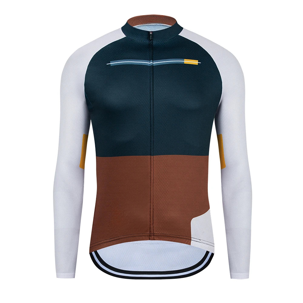Cycling jersey with green, brown, and white design on a white background