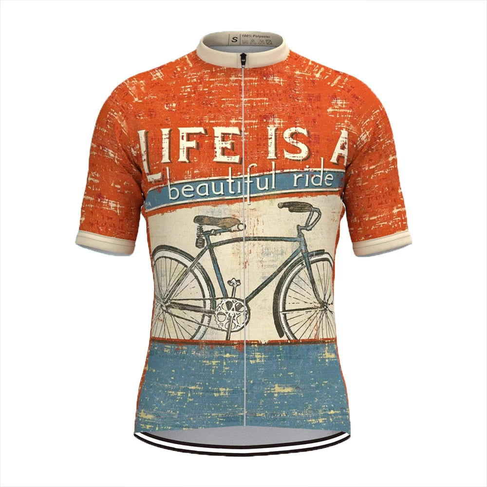Cycling jersey with vintage bike design and 'Life is a beautiful ride' text on a white background