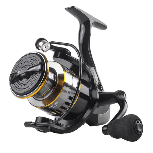 Fishing reel with black and silver design on a white background