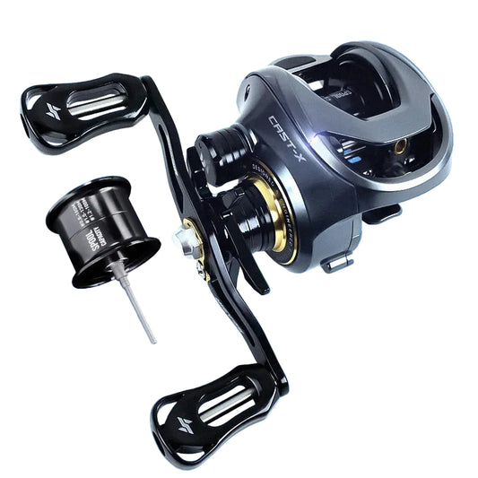 Fishing reel with features highlighted on a white background
