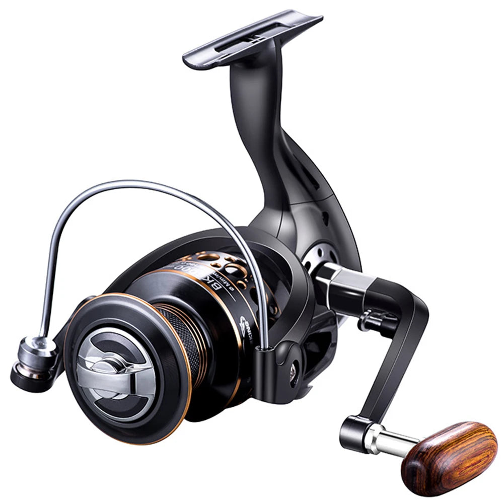 Fishing reel with metallic and wooden components on a white background