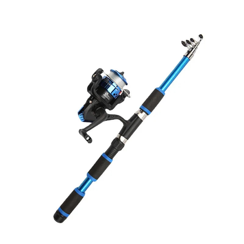 Fishing rod and reel set with blue and black design on a white background